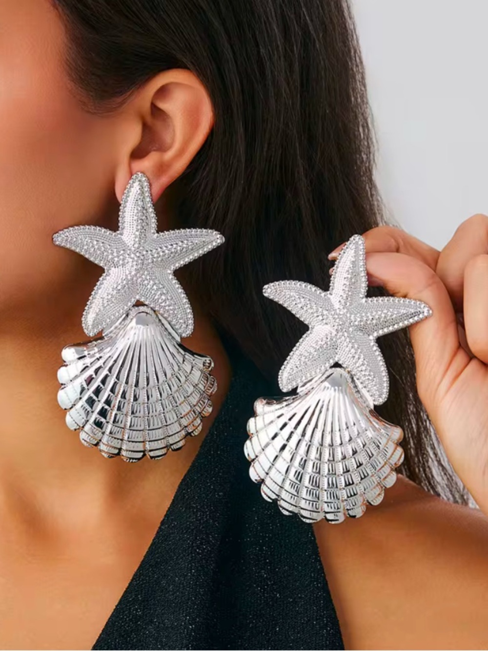 Silver Starfish and Seashell Drop Earrings - Shiny Metallic Beach Motif